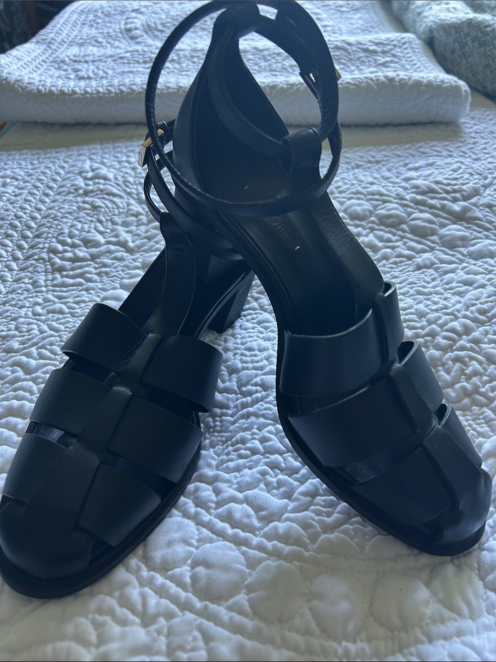 MaxMara Black Leather Woven T-Bar Ankle-Strap Block Heel Sandals